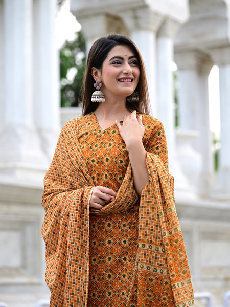 Classic Printed Pure Cotton Kurta, Palazzo and Dupatta Set for Festive wear