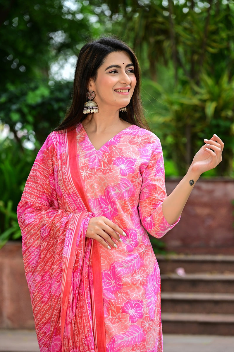 Classic Printed Pure Cotton Kurta, Palazzo and Dupatta Set for Festive wear