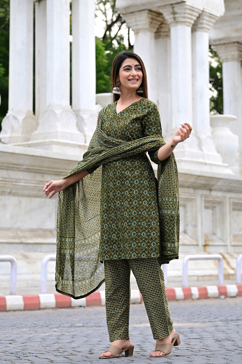 Classic Printed Pure Cotton Kurta, Palazzo and Dupatta Set for Festive wear
