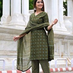 Classic Printed Pure Cotton Kurta, Palazzo and Dupatta Set for Festive wear