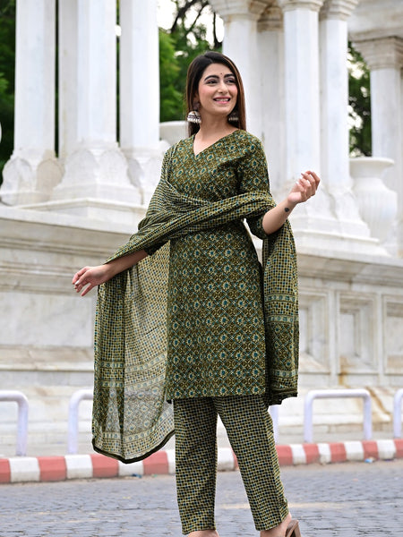 Classic Printed Pure Cotton Kurta, Palazzo and Dupatta Set for Festive wear