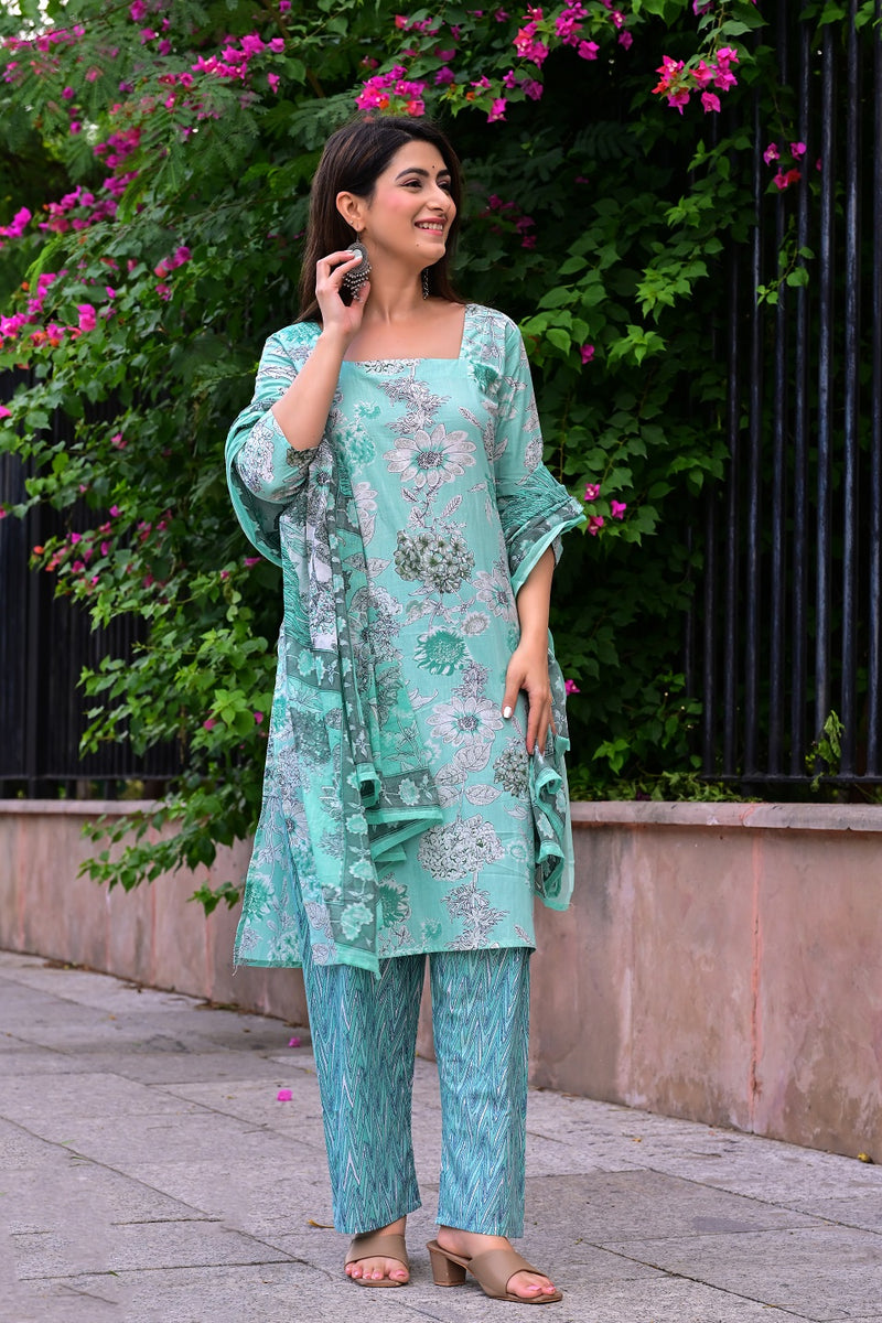 Classic Printed Pure Cotton Kurta, Palazzo and Dupatta Set for Festive wear