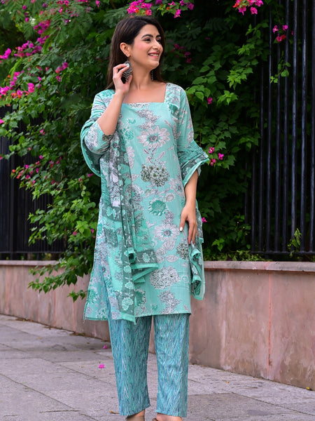 Classic Printed Pure Cotton Kurta, Palazzo and Dupatta Set for Festive wear