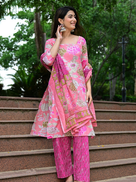 Classic Printed Pure Cotton Kurta, Palazzo and Dupatta Set for Festive wear