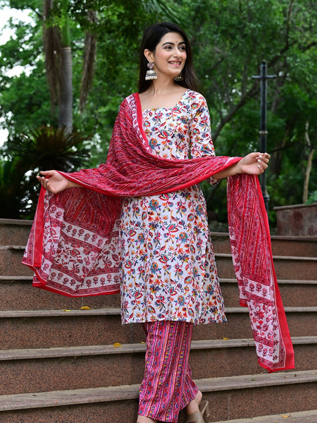 Classic Printed Pure Cotton Kurta, Palazzo and Dupatta Set for Festive wear