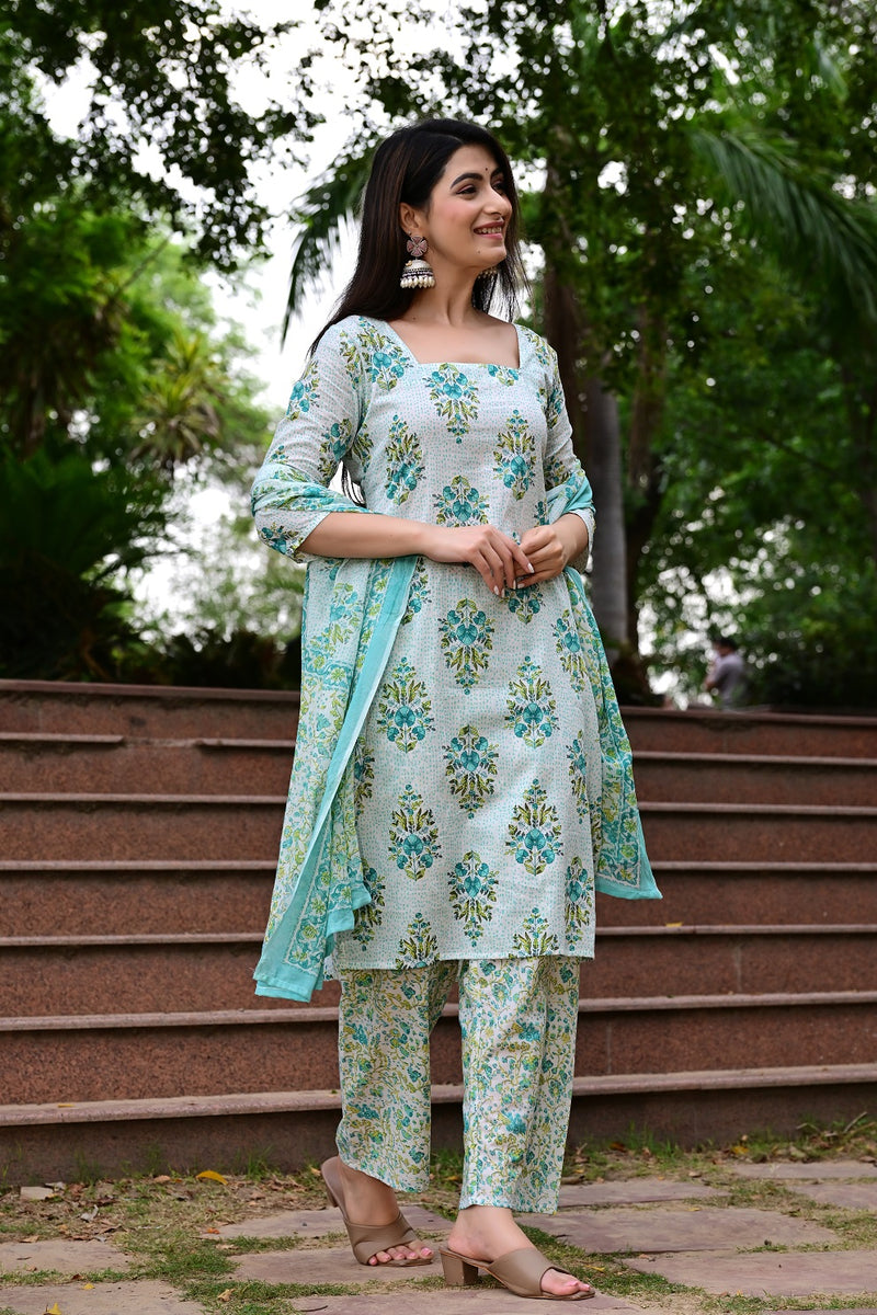 Classic Printed Pure Cotton Kurta, Palazzo and Dupatta Set for Festive wear