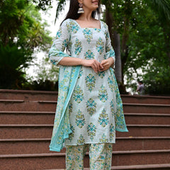 Classic Printed Pure Cotton Kurta, Palazzo and Dupatta Set for Festive wear