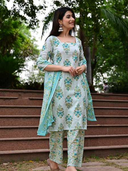 Classic Printed Pure Cotton Kurta, Palazzo and Dupatta Set for Festive wear