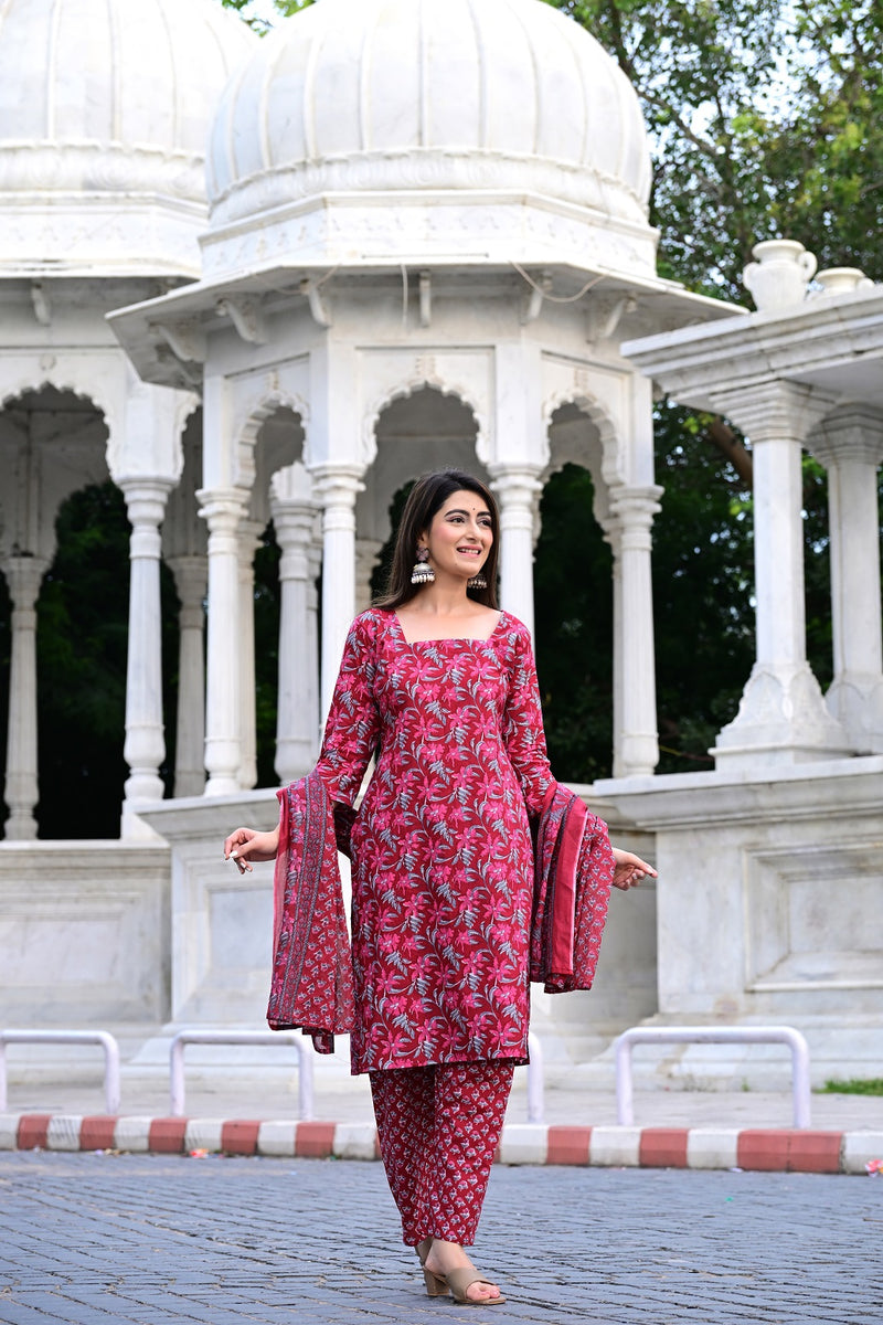 Classic Printed Pure Cotton Kurta, Palazzo and Dupatta Set for Festive wear