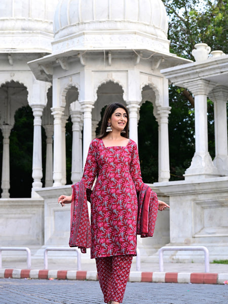 Classic Printed Pure Cotton Kurta, Palazzo and Dupatta Set for Festive wear