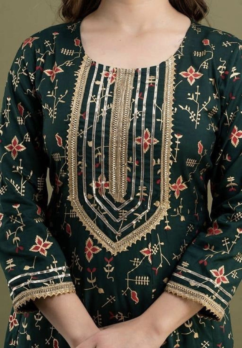 Dark Green Kurta, Pant & Dupatta with Gold Detailing of Gota Work
