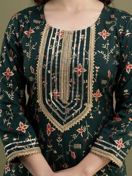 Dark Green Kurta, Pant & Dupatta with Gold Detailing of Gota Work