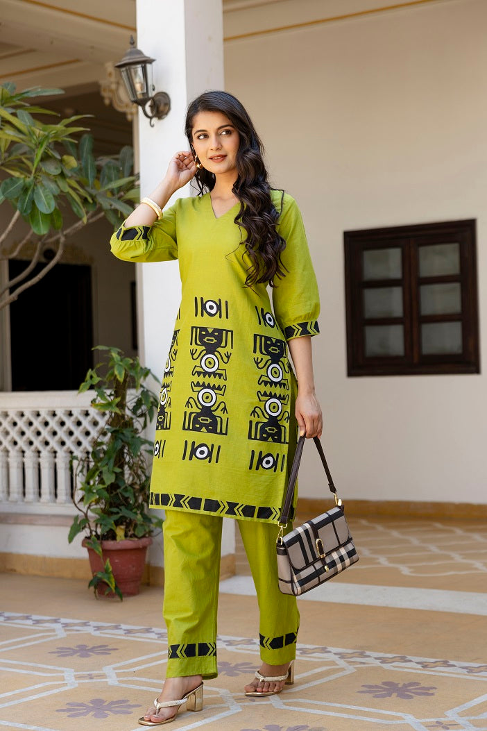Parrot Green Cotton Co-ord Set for Women