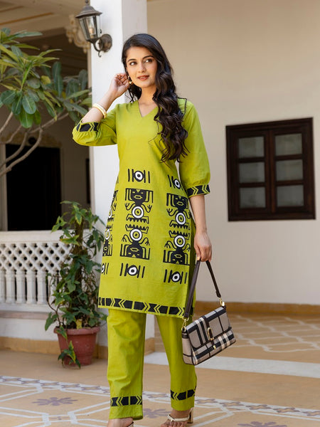 Parrot Green Cotton Co-ord Set for Women