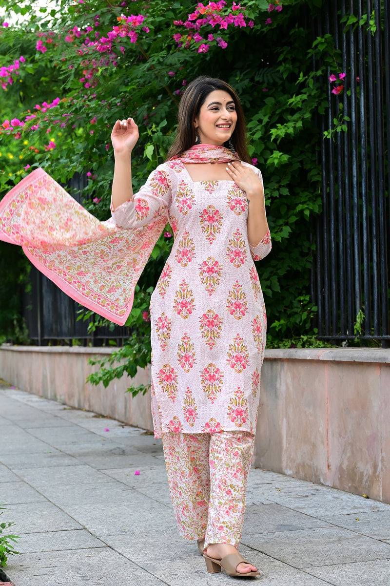 Classic Printed Pure Cotton Kurta, Palazzo and Dupatta Set for Festive wear