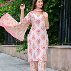 Classic Printed Pure Cotton Kurta, Palazzo and Dupatta Set for Festive wear