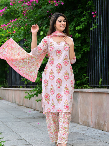 Classic Printed Pure Cotton Kurta, Palazzo and Dupatta Set for Festive wear