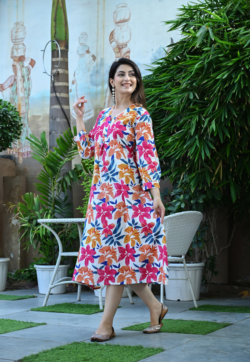 Casual & Comfortable Multicolored Printed Dress for Women with Pocket