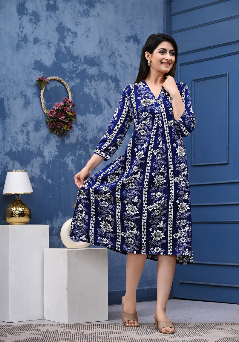 Casual & Comfortable Blue Printed Dress for Women with Pocket