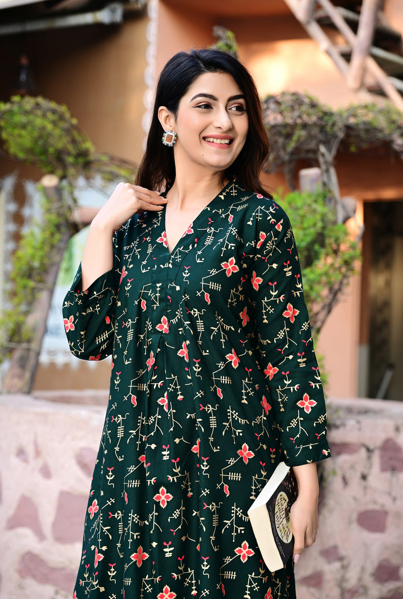 Casual & Comfortable Green Printed Dress for Women with Pocket