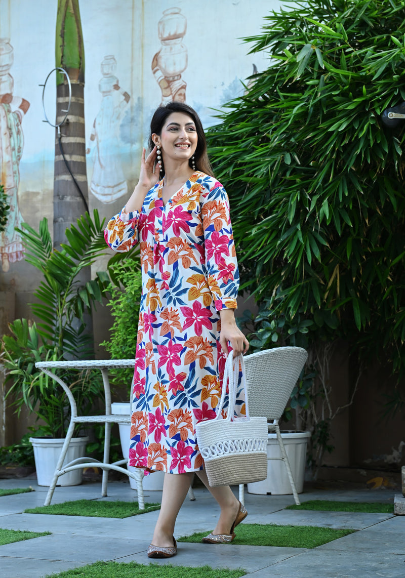 Casual & Comfortable Multicolored Printed Dress for Women with Pocket