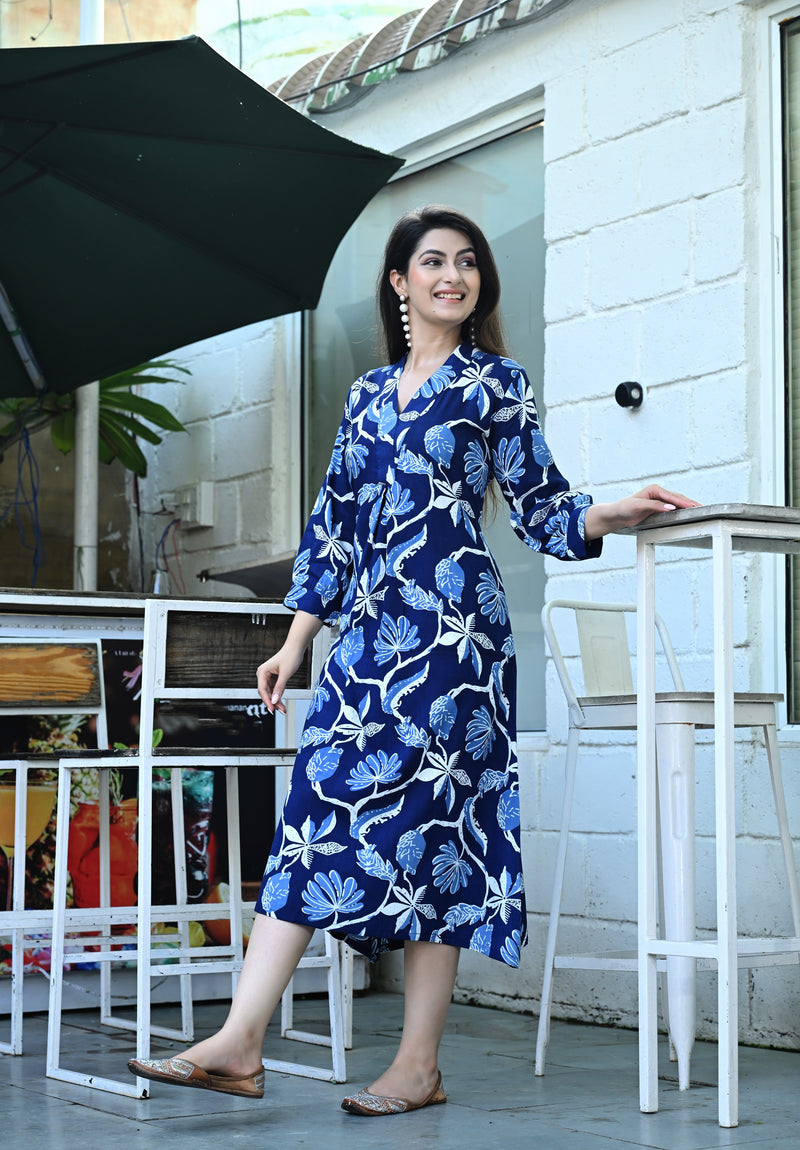 Casual & Comfortable Blue Printed Dress for Women with Pocket