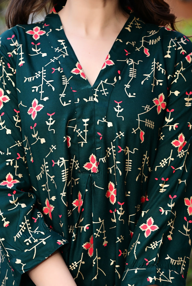 Casual & Comfortable Green Printed Dress for Women with Pocket