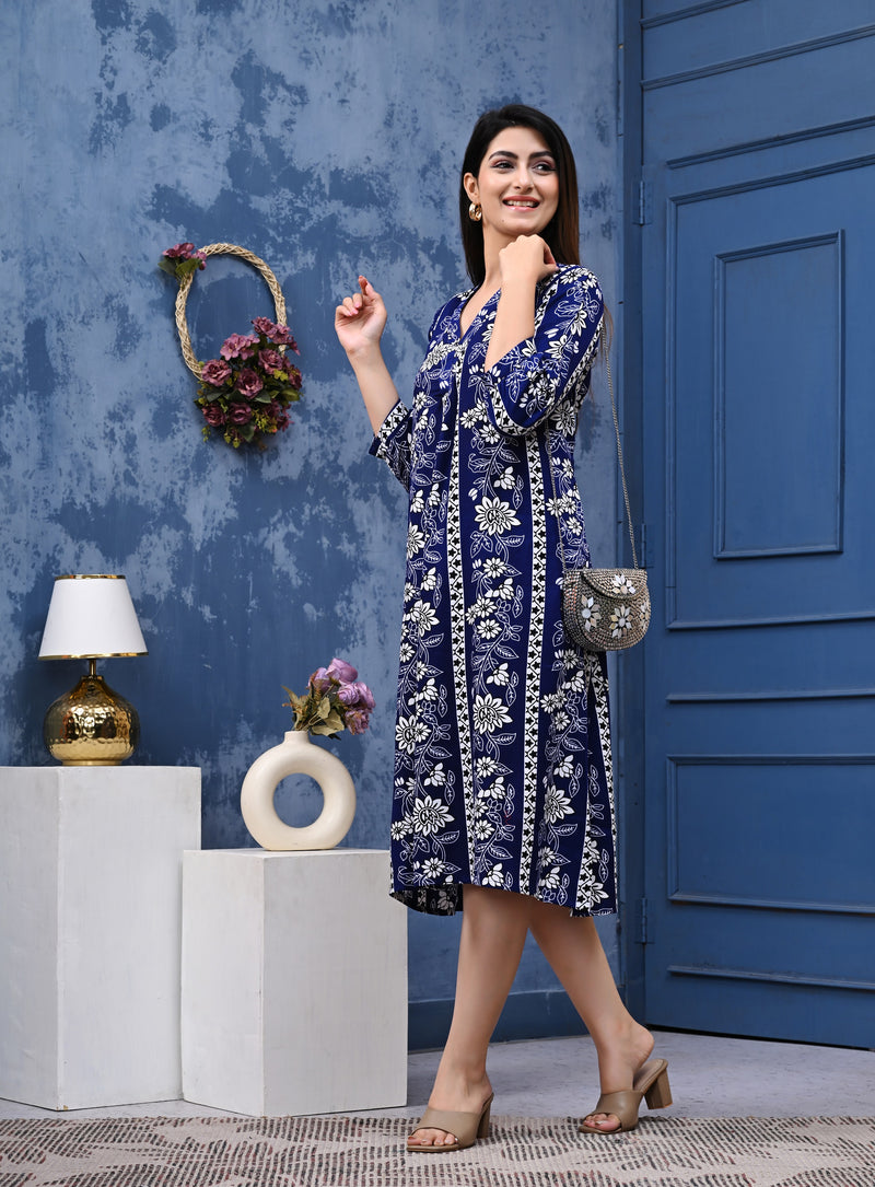 Casual & Comfortable Blue Printed Dress for Women with Pocket