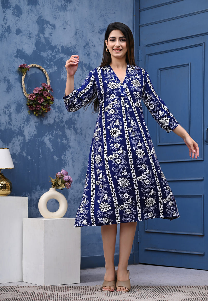 Casual & Comfortable Blue Printed Dress for Women with Pocket