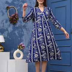 Casual & Comfortable Blue Printed Dress for Women with Pocket