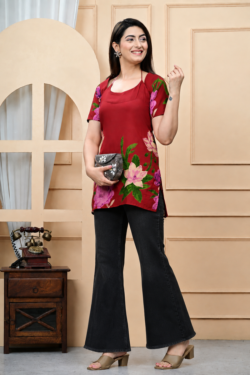 Women's Maroon Floral Printed Pure Cotton Short Kurti