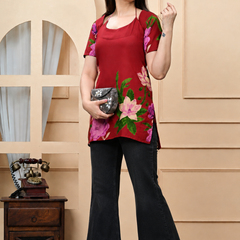 Women's Maroon Floral Printed Pure Cotton Short Kurti