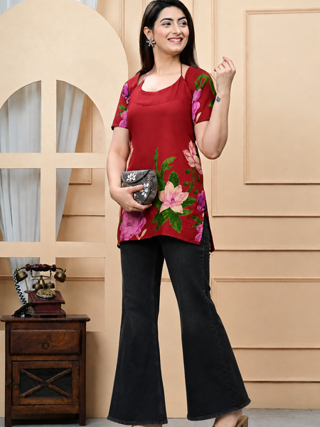 Women's Maroon Floral Printed Pure Cotton Short Kurti