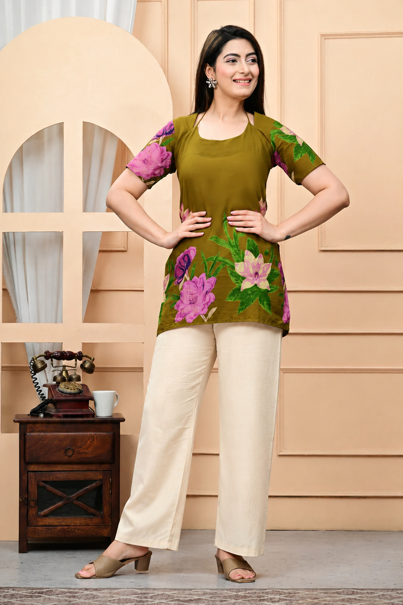 Women's Olive Green Floral Printed Pure Cotton Short Kurti