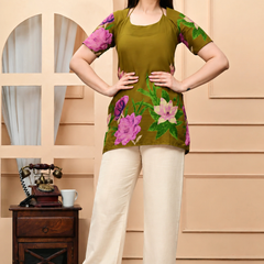 Women's Olive Green Floral Printed Pure Cotton Short Kurti
