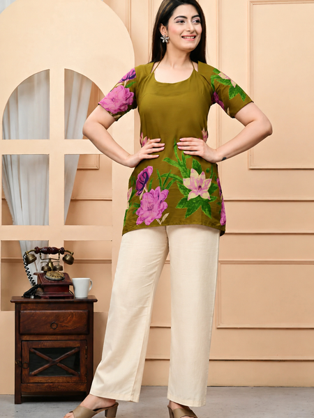 Women's Olive Green Floral Printed Pure Cotton Short Kurti