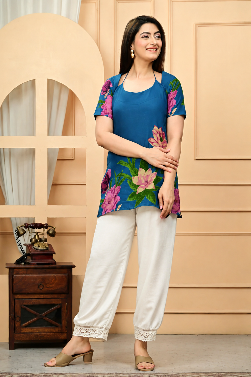 Women's Teal Blue Floral Printed Pure Cotton Short Kurti