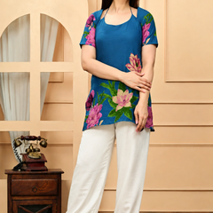 Women's Teal Blue Floral Printed Pure Cotton Short Kurti