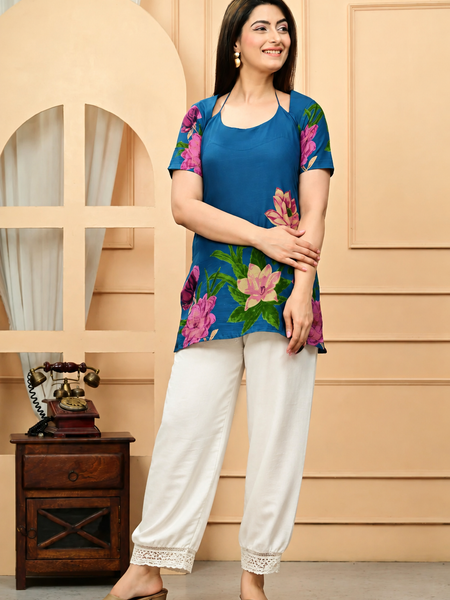 Women's Teal Blue Floral Printed Pure Cotton Short Kurti