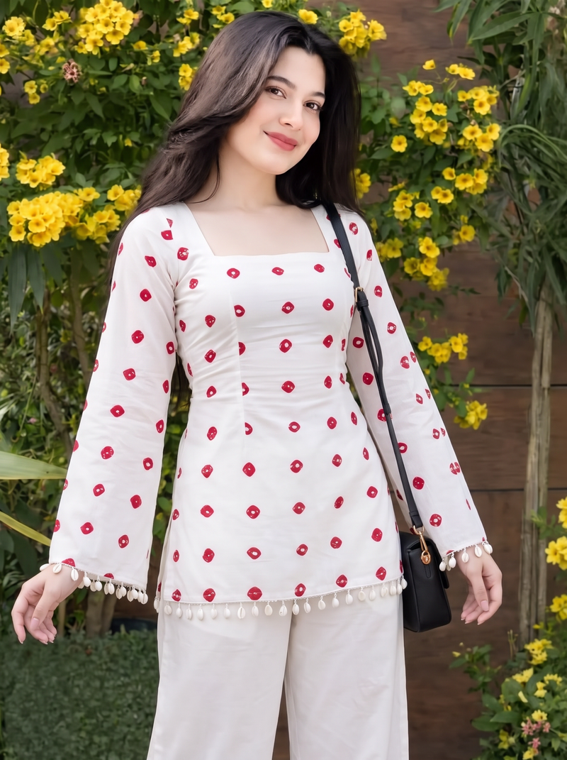 White Red Dot Print Kurti