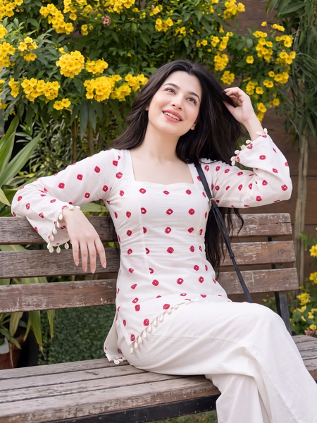White Red Dot Print Kurti