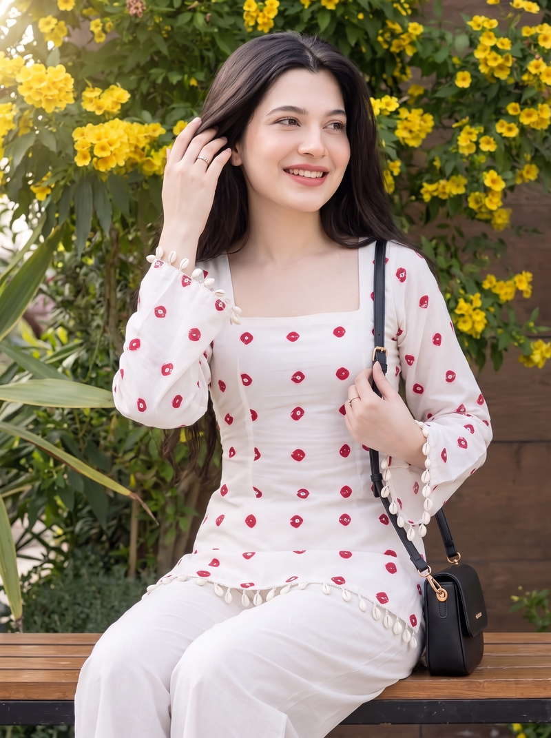 White Red Dot Print Kurti