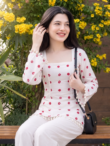 White Red Dot Print Kurti