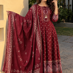 Rich Maroon Traditional Suit Set for Women with Dupatta & Pant Included