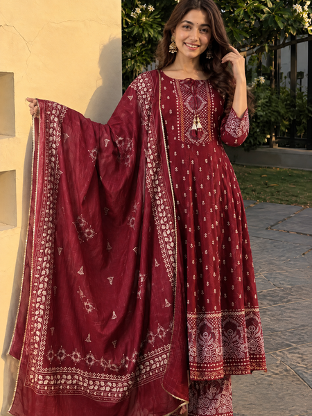 Rich Maroon Traditional Suit Set for Women with Dupatta & Pant Included
