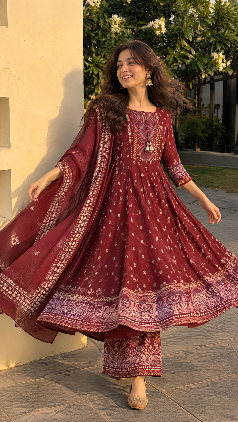 Rich Maroon Traditional Suit Set for Women with Dupatta & Pant Included