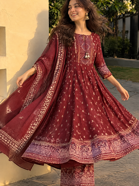 Rich Maroon Traditional Suit Set for Women with Dupatta & Pant Included