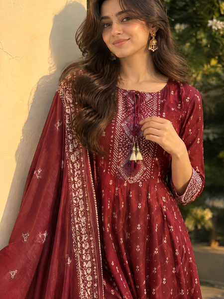 Rich Maroon Traditional Suit Set for Women with Dupatta & Pant Included
